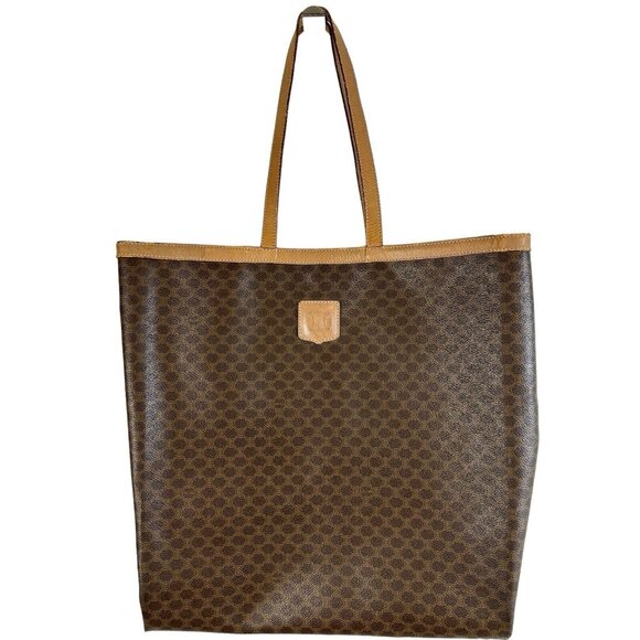 CELINE Vintage Macadam PVC Shoulder Tote Bag Auth/M14 Brown Monogram Two Handles - Picture 1 of 14